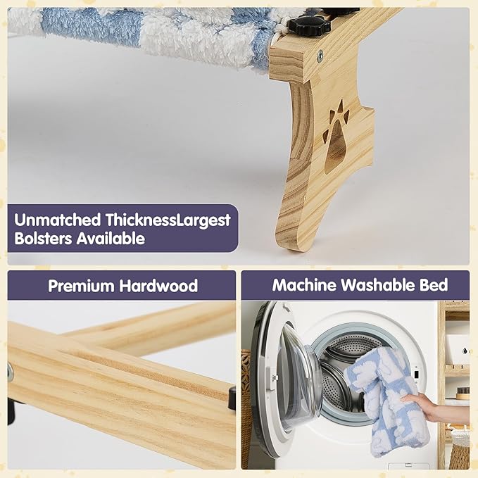 Cat Sill Window Perch Sturdy Hammock Window Seat with Cushion Bed Cover, Premium Wood & Metal Frame for Cats, Easy to Adjust Cat Bed for Windowsill, Bedside and Drawer (White-Blue, 15)