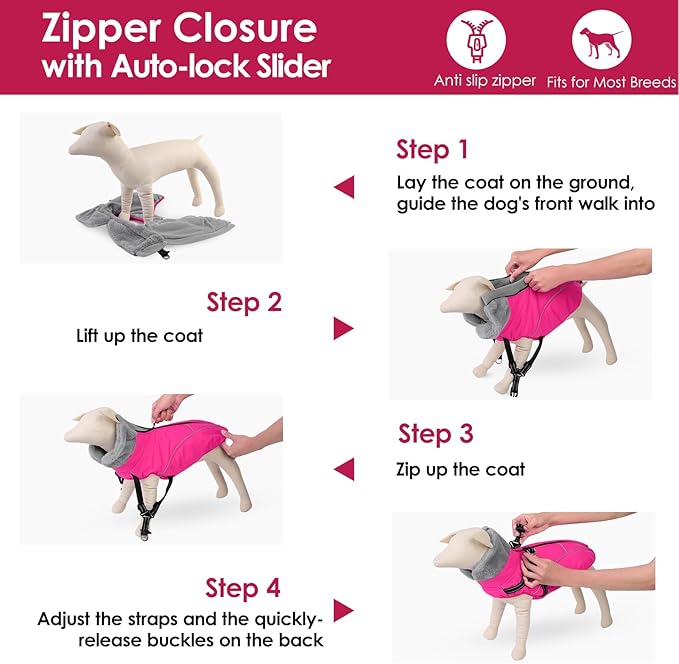 AOFITEE Small Dog Coat, XS Dog Jacket Winter with Harness Built in, Warm Fleece Puppy Coat, Waterproof Pet Puffer Jacket Snowsuit with Zipper, Reflective Dogs Cold Weather Coats Sweater, Pink XS