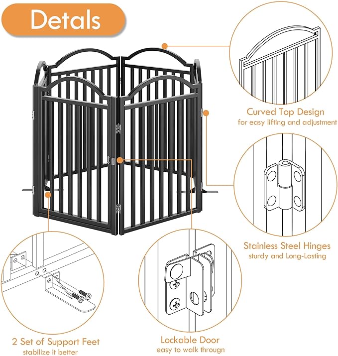 UDD Dog Gate Indoor 144" Extra Wide, 32" Tall Foldable Pet Gate with Door for Stairs Doorways Hallways Porch, Freestanding No Drilling Metal Pet Fence for Dogs Puppy, Black 6-Panel