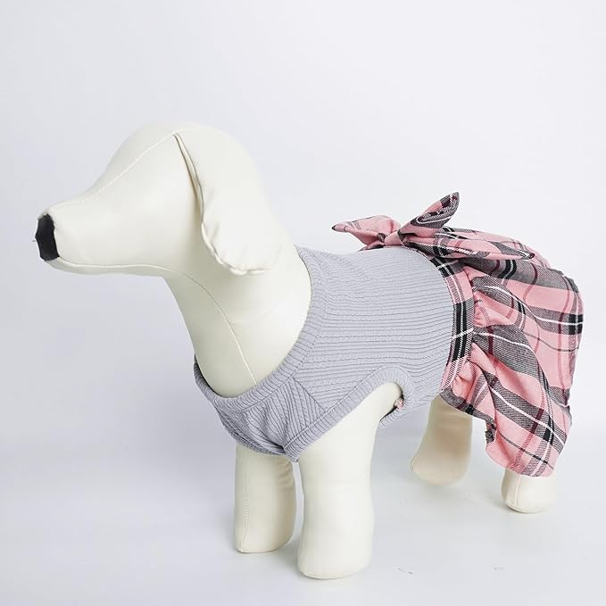 PUPTECK Classic Plaid Dog Dress Pet Apparel with Cute Bowtie Puppy Clothes Outfit,Grey,XS