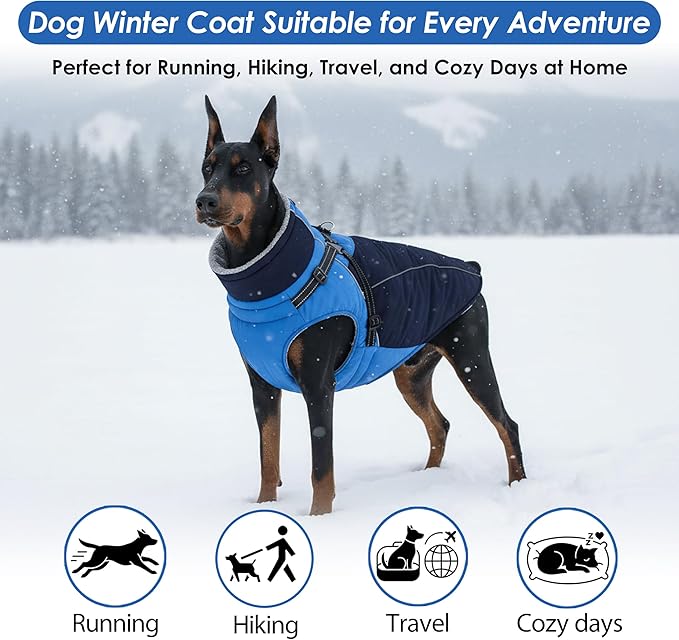 ASENKU Reflective Dog Coat with Built-in Harness, Windproof Fleece-Lined Dog Jacket for Small, Medium, Large Dogs, Warm Winter Vest with Turtleneck & Zipper (Navyblue 3XL)