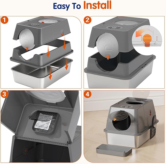 Front & Top Entry Stainless Steel Litter Box with Lid,Cat Litter Box Enclosure,Extra Large Enclosed,Non-Sticky Metal Pan,Anti-Leakage,Odor Control,Easy Clean,Covered for Indoor Cats,Includes Scoop Set