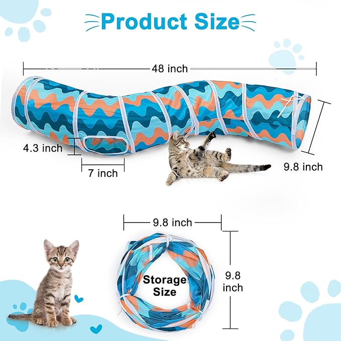 Glittme Cat Tunnel, S-Shape Peekaboo, Foldable Cat Cave with Toys, Tubes & Tunnels for Cats, Rabbits, Guinea Pigs, Dogs, Multiple Colors