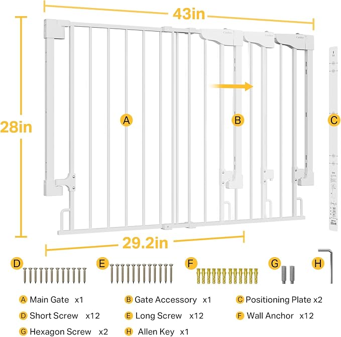 Cumbor 29.2–43" Baby Gate for Stairs, Wall-Mounted (Drill Required), Expandable No Bottom Bar Dog Gate, Auto Close Extra Wide Walk Thru, Pet & Toddler Proof Gate, Top & Bottom of Stairways (White)
