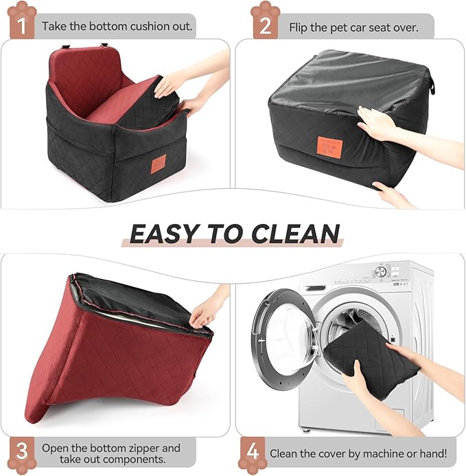 Dog Car Seat for Small/Medium Dogs, Dog Booster Car Seats with Thick Cushion for Dogs Under 35lbs, Detachable Washable Pet Car Seat with Storage Pockets, 2 Safety Belts(Black/Red)