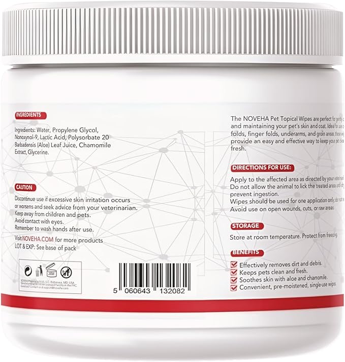 NOVEHA Pet Wipes - Formulated Pet Wipes - for Facial and Finger Folds, Underarms - 3" x 2" Size (150 Counts)