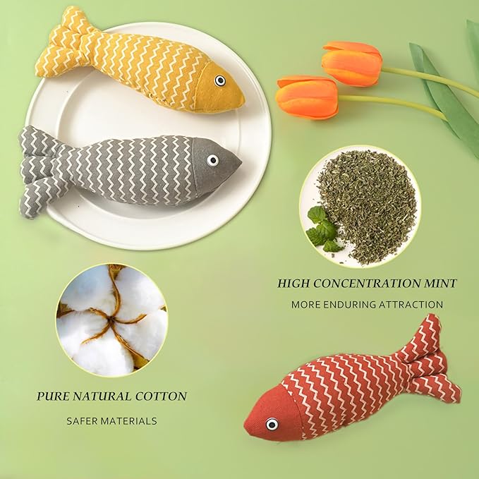 Cat Toys for Indoor Cats 9pcs Wavy Fish Toy Catnip Toys Cats Interactive Toys Kitten Dental Gifts Cat Kicker Grass Stick Kitty Chew Plush with Bells