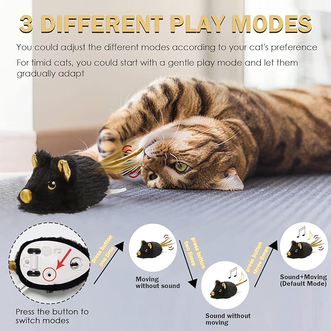 Cat Toys Squeaky Rechargeable Moving Mouse with Dynamic Magic Tail, Automatic Self Play Cat Toy for Indoor Kittens (Black)