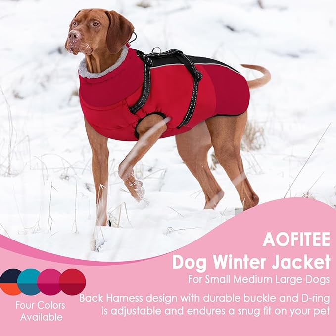 AOFITEE Dog Coats for Large Dogs, Waterproof Dog Winter Jacket with Harness Built in, Warm Large Dogs Coat with Fleece Lined, Zip Up Pets Jackets for Golden Retriever, Weimaraner, Red 2XL