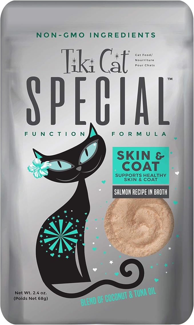 Tiki Cat Solutions Mousse Skin & Coat Mousse, Salmon Recipe, Specially Formulated with Omega Fatty Acids, Functional Wet Cat Food for Adult Cats, 2.4 oz. Pouch (12 Count)