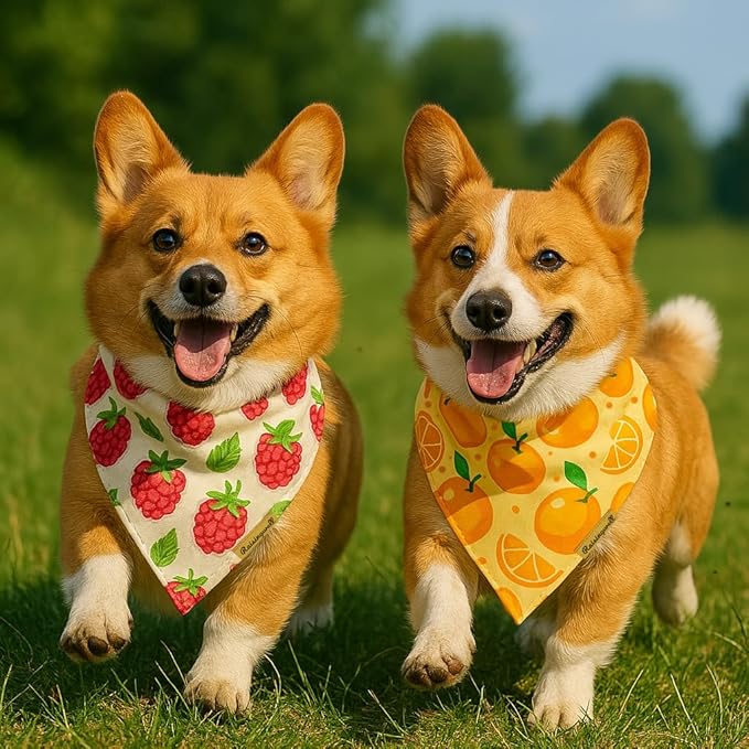 New Summer Fruit Dog Bandanas 2 Pack 4 Pattern Reversible, Holiday Bandana for Boy and Girl, Premium Durable Fabric, Party Triangle Scarf for Medium to Large Breed Dogs (Small)