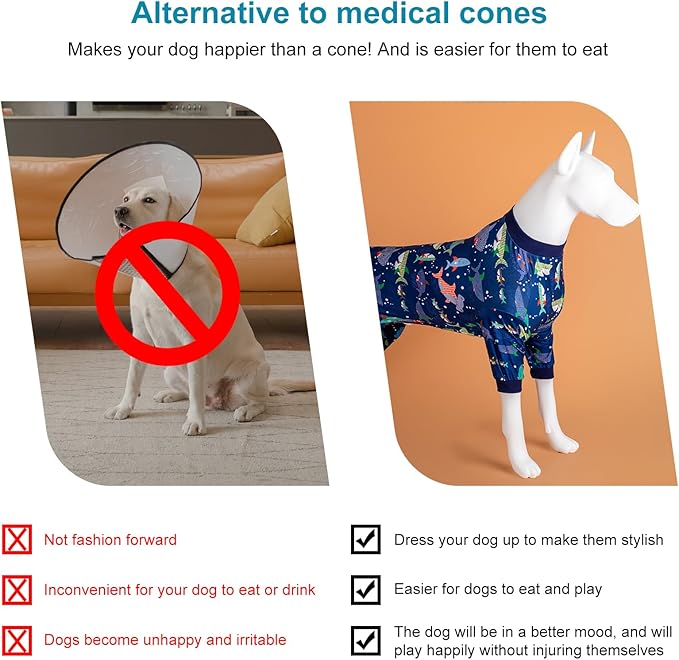 LovinPet Dog Sweatshirt, PjS for Surgery Recovery, Ocean Blue Shark Print, Large Dog Pjs, Lightweight Uv Protection Shirt,Easy to Wear Dog Jumpsuit, Medium,Large