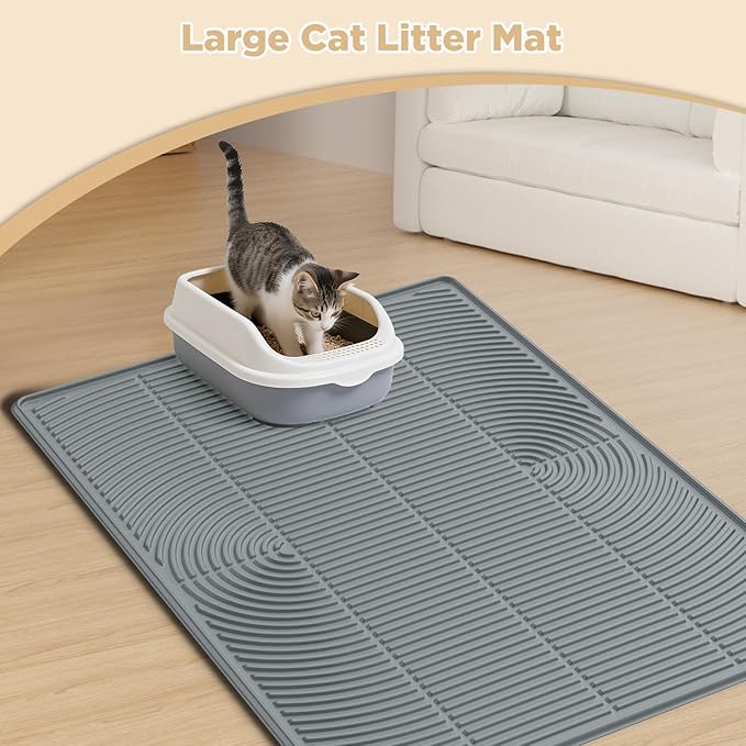 AMOK Cat Litter Mat, Extra Large Silicone Litter Box Mat 40" x 28", Waterproof Litter Trapping Mat for Cats, Durable and Easy to Clean, Grey