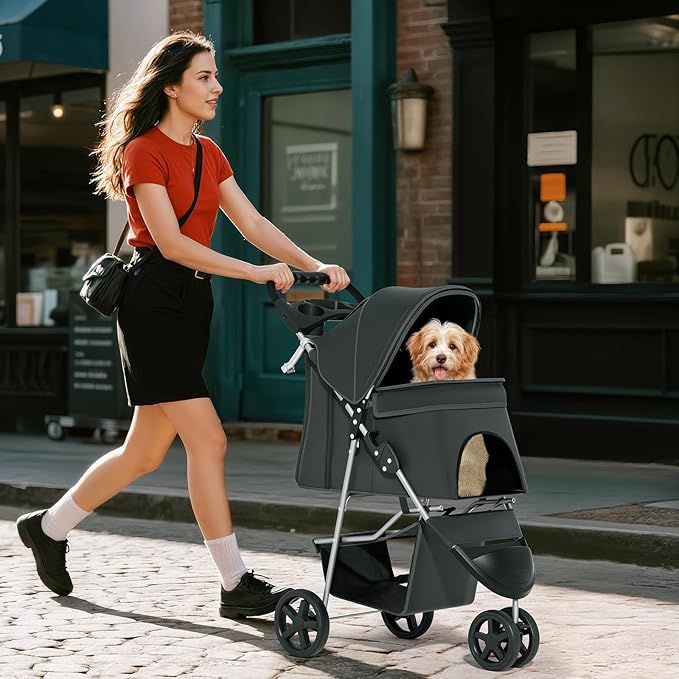 Cat Dog Stroller,3-Wheels Pet Stroller for Medium/Puppy Dogs 30 Lbs, Cat Strollers for 1 Cats, Foldable Dog Stroller with Storage Basket and Cup Holder, Breathable Mesh Black