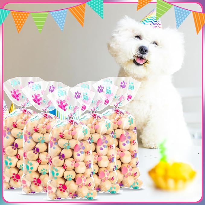 Blulu 100 Pieces Dog Treat Bags Puppy Party Favor Pet Paw Cone Cellophane Bags Candy Heat SealableDog Paw Gift with 100 Pieces Silver Twist Ties for Pet Cat Treat Party Favor(Pink and Purple)