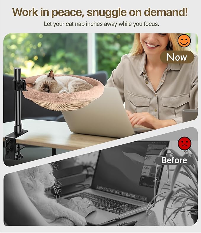 Cat Desk Bed, Cat Hammock for Home Office, 360°Rotating & Adjustable Shelf, Removable Comfortable Soft Pet Nest Bed, Modern Unique Kitten Furniture Attachment for Game Tables, Brown