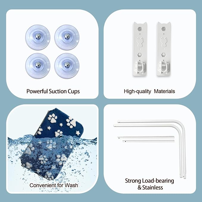 Cat Window Perch, Foldable Cat Window Hammock with Cute 3D Textured Flower Cover and Strong Suction Cups, Cordless Window Seat Bed for Indoor Cats (Navy Paw, Large)