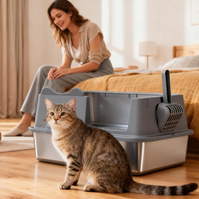 Stainless Steel Cat Litter Box, Open Top High-Sided Metal Litter Box with Scoop, Extra Large Litter Boxes for Kitty Kitten and Big Cats, Anti-Urine Leakage, Non-Sticky, Easy to Clean (Grey)