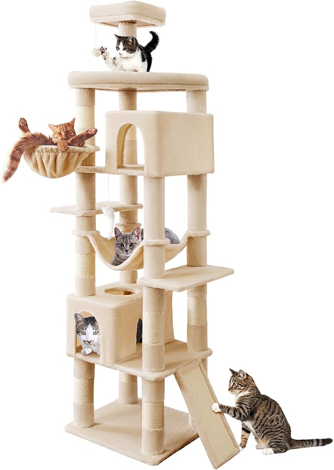 AMHANCIBLE Cat Tree, 83 Inch Large Multi-Level Tall Tower for Indoor Adult Cats, with Scratching Post and Board, Hammock, Condos, Hanging Basket, Activity Center to Play and Sleep, Beige, PT21BG