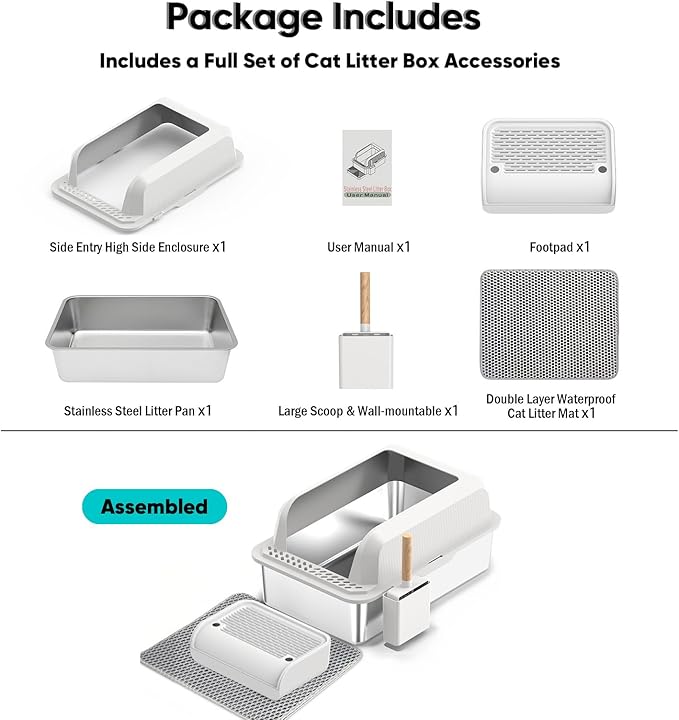 Stainless Steel Cat Litter Box with Lid, XL Large Litter Box for Big Cats, Enclosed Kitty Litter Pan with High Sides, Anti-Leakage&Non-Stick, Easy to Clean, Included Scoop, Aisle and Mat White
