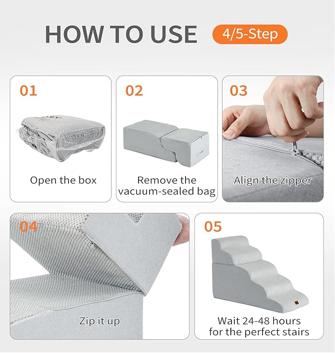 Made4Pets Dog Stairs Ramp for High Bed, 5-Step Pet Stairs for Bed Couch Sofa Climbing, 35D Foam Pet Steps for Small Dogs and Cats, Non-Slip Bottom Dog Steps, Light Grey