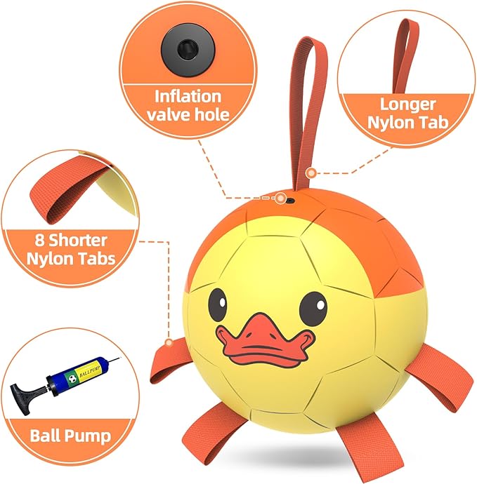 QDAN Dog Toys Soccer Ball with Straps, Interactive Dogs Toys for Tug of War, Puppy Birthday Gifts, Dogs Tug Toy, Dog Water Toy, Durable Dog Balls for Medium & Large Dog - Duck(8 Inch)