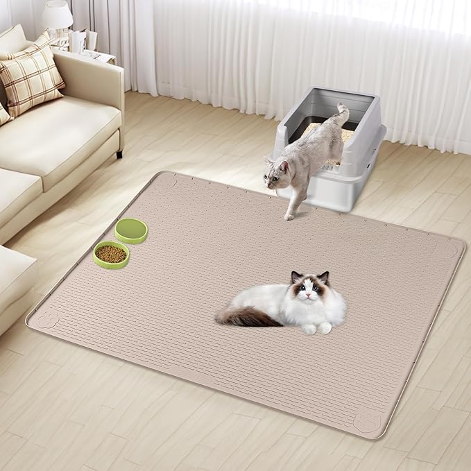 Cat Litter Mat, XXL Extra Large 50" x 35" Silicone Mat Litter Trapping Mat for Scatter Control, Soft on Kitty Paws, Easy to Clean (Khaki)