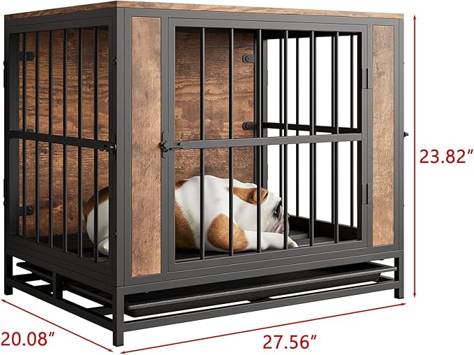 Dog Crate Furniture - Metal & Wooden Dog Kennel with 3 Doors, End Table for Small Dogs, Heavy Duty Dog House, Rustic Black & Brown