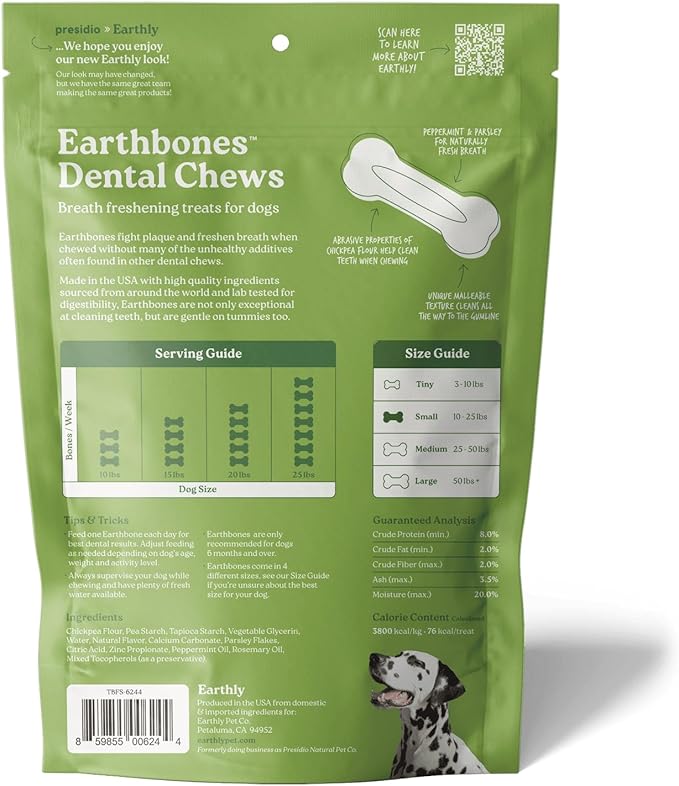 Presidio Earthbones (Formerly Terrabones) Dental Chews, Dog Teeth Cleaning Treat, Small, 13 Treats