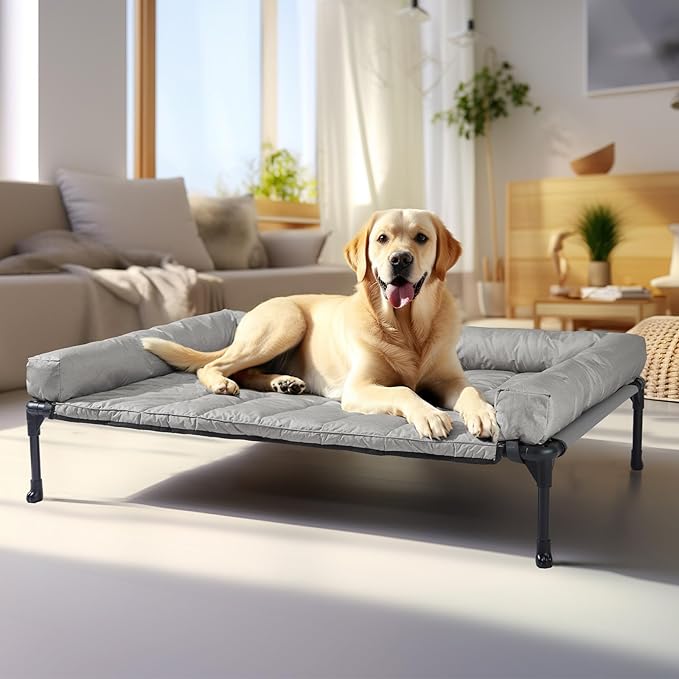 Veehoo Cooling Elevated Dog Bed Add Removable Waterproof Bolster Cushion Mat, Raised Pet Cot with Breathable Teslin Mesh, No-Slip Feet, Dog Couch Bed for Indoor Outdoor, 42x30inches, Grey, CWC2331B