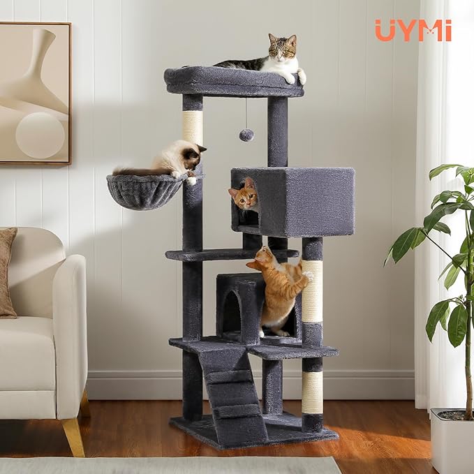 Cat Tree for Indoor Cats, 2 Cozy Condos with Spacious Top Perch, 56.3-Inch Multi-Level Cat Tower with Scratching Posts, 2 Caves, Plush Hammock and Climbing Ramp, Dark Grey