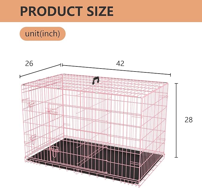 FDW Dog Crate for Large Dogs 42 Inch Folding Metal WirePet Cage Double Door W/Divider Panel Indoor Outdoor Kennel Leak-Proof Plastic Tray,Pink