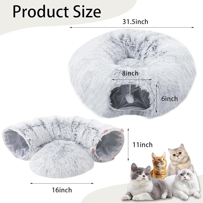 Cat Tunnel Bed for Indoor Cats, Donut Tunnel Toys for Multiple & Large Cats, Under Christmas Tree Skirt, Bed Cave Hideaway for Kitten, Rabbit, Puppy, Gray