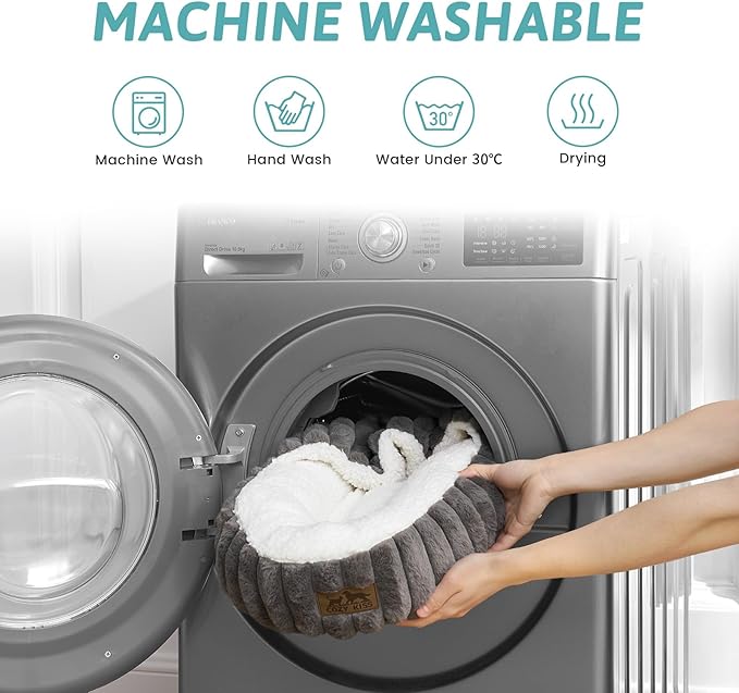 Cat Bed with Hooded Blanket, Round Fluffy Anti-Anxiety Pet Bed for Cats/Toy Breed Dogs, Cozy Donut Cuddler with Machine Washable Faux Fur & Anti-Slip Bottom(20"×20"×6",Grey)