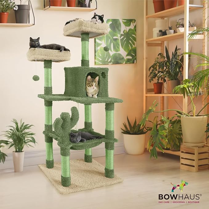 CAPHAUS Cactus Cat Tree for Indoor Cats, Cute 58-Inch Cat Climbing Play Tower with Top Perch for Large Cats Kittens, Multi-Level Cat Activity Tree with Scratching Posts, Hammock, Cat Cave Condo