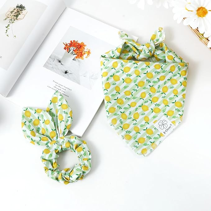E-Clover Summer Lemon Dog Bandanas & Matching Scrunchie Set Green Stripe Dog Scarf Bibs Pet Bandana with Bow Tie for Small Dogs Puppy Owner Mom