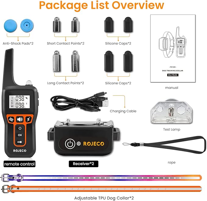 ROJECO Dog Shock Collar for 2 Dogs with 3300FT Remote,IPX7 Waterproof Rechargeable Shock Collar for Large Medium Small 2 Dogs for 4 to 120 lbs,3 Safe Training Modes with Beep,Vibration and Shock