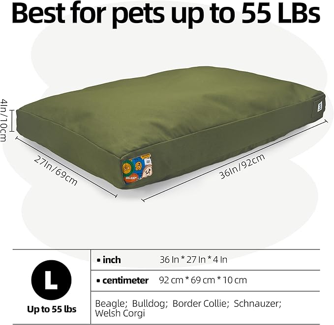 Sytopia 36-Inch Canvas Outdoor Dog Bed, Washable & Waterproof with Chew-Resistant Removable Cover, Ideal for Large & Medium Dogs for Indoor, Outdoor, Crate, or Patio Use (Green)