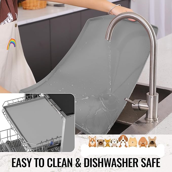 MateeyLife Cat & Dog Food Mat - Waterproof, Non-Slip Bowl Mat with Raised Edges, Silicone Matt Tray for Messy Drinkers, 22"x14", Grey