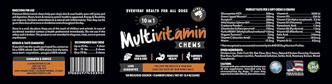 Finest For Pets Multivitamin Dog Supplement – 10 in 1 with Omega Fish Oil & Glucosamine for Improved Joint & Skin Support, Gut, Digestion & Immune Everyday Health (120 Chewable Treats)
