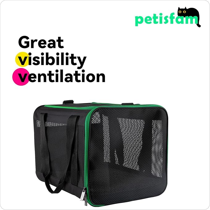 petisfam Easy Load Pet Carrier Bag for Medium and Large Cats with Durable Double-Thickness Fabric and Stable Structure. Black w/Green Trim, L