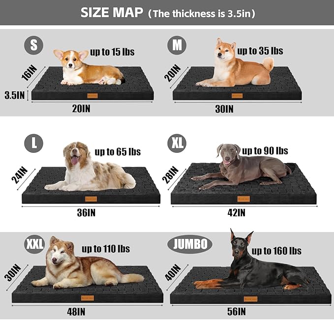 Patas Lague Orthopedic XL Dog Bed Large Sized Dog 48''X30'', Waterproof Soft Comfortable Egg Crate Foam Large Pet Beds Crate Mat with Removable Washable Cover and Nonskid Bottom, Black