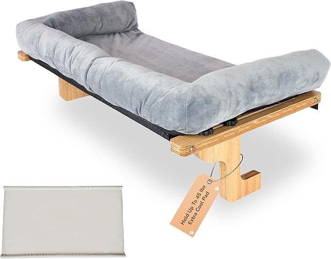 45LBS Capacity Cat Window Perch with Bolster, Hammock Seat with Plywood & Metal Frame, Cat Window Bed for Indoor Cats & Kitten, Extra Cood Pad (Natural Wood & Gray Cushion, 24.8''W x 9.4''H)