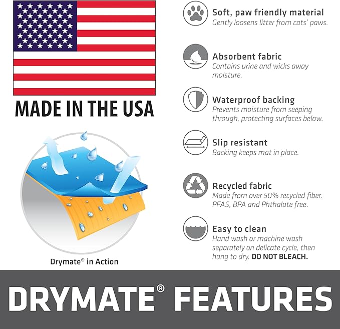 Drymate XL Original Cat Litter Mat, Contains Mess from Box, Protects Floors, Urine-Proof, Machine Washable, Soft on Kitty Paws, Absorbent, Waterproof (USA Made, Recycled Content)(29”x36”)(Indigo Grey)