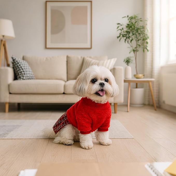 YUDODO Fleece Small Dog Sweater Dress with Bowtie, Female Fall Winter Warm Dog Clothes, Princess Sweater Dress for Small Dogs Girl (Red, Large)