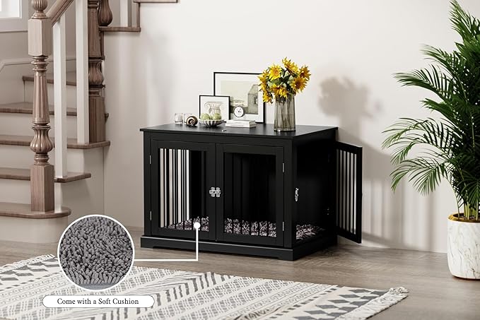 Furniture Style Dog Crate with Cushion, Dog Kennel Medium, Pet Crates, Dog Cage for Small and Medium Dogs, Decorative Dog Kennel with Flip-top Plate, Chew-Proof Metal Bars, Black