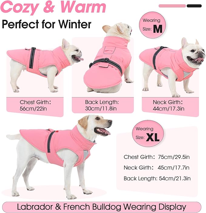 Extra Large Dog Coat, Warm Dog Winter Jacket, Waterproof Dogs Snowsuit with Foldable High Collar, Reflective Strips, Adjustable Hook & Loop Closure - Ideal for Cold Weather - Pink 4XL