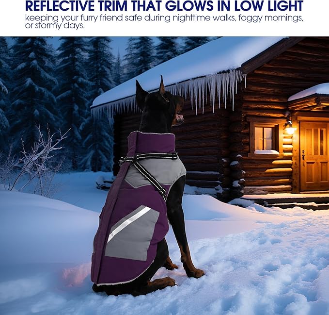 FUAMEY Dog Winter Jackets for Large Dogs,Dog Coat with Harness Built in,Waterproof Dogs Snowsuits Warm Pet Jacket Zip Up Fleece Cold Weather Coats Reflective Puppy Vest with Pocket Purple 3XL