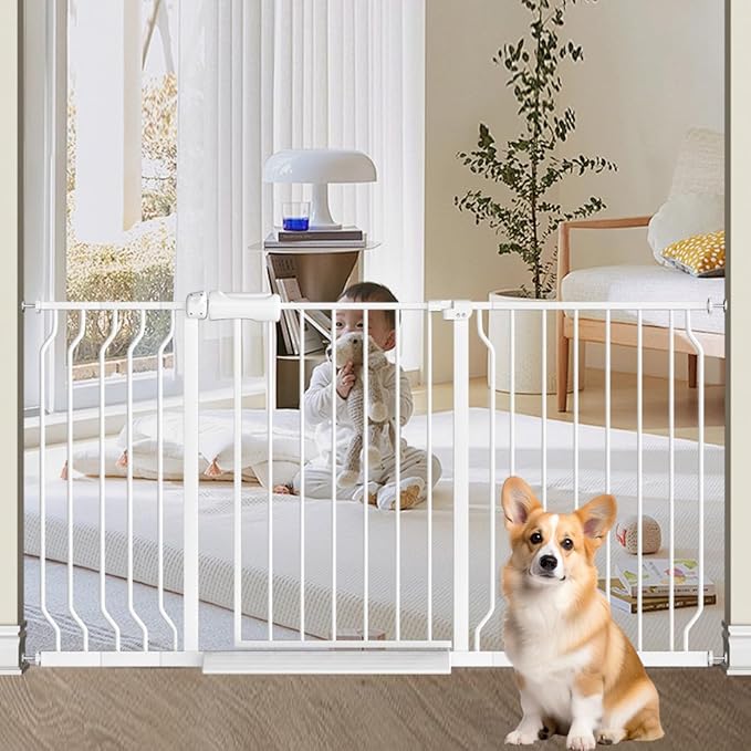 TSAYAWA Extra Wide Walk Through Baby Gate with Door,67-71.5 Inch Wide Presure Mounted No Drill Metal Auto Close Child Gate for Stair Doorway - Indoor Outdoor Safty Gate for Toddler Dog Doggie, White