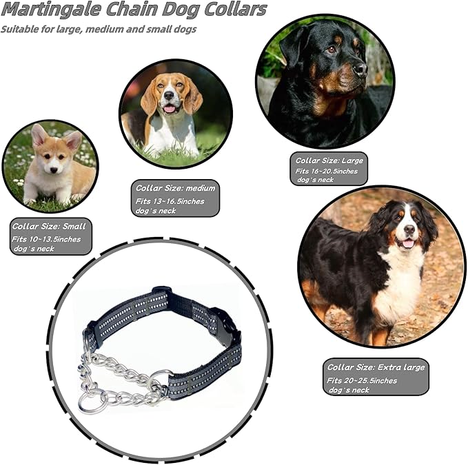 Martingale Dog Collars, Reflective Nylon Collar with Stainless Steel Chain, Adjustable Walking Training Dog Collars with Quick Release Buckle, Suitable for Small Medium Large Dogs(Gray,M)